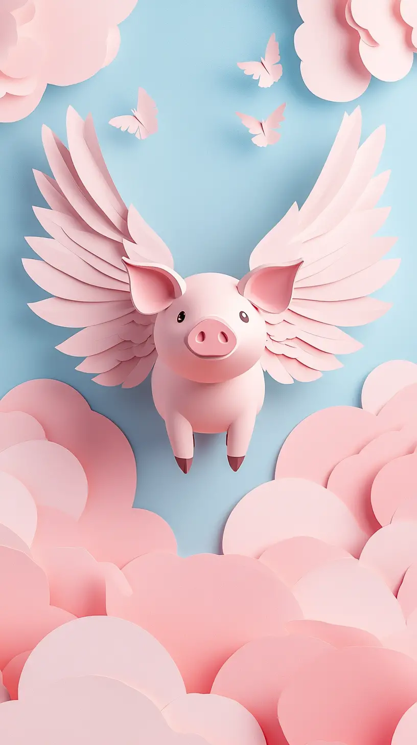 Joyful winged pig in soft minimalist paper illustration