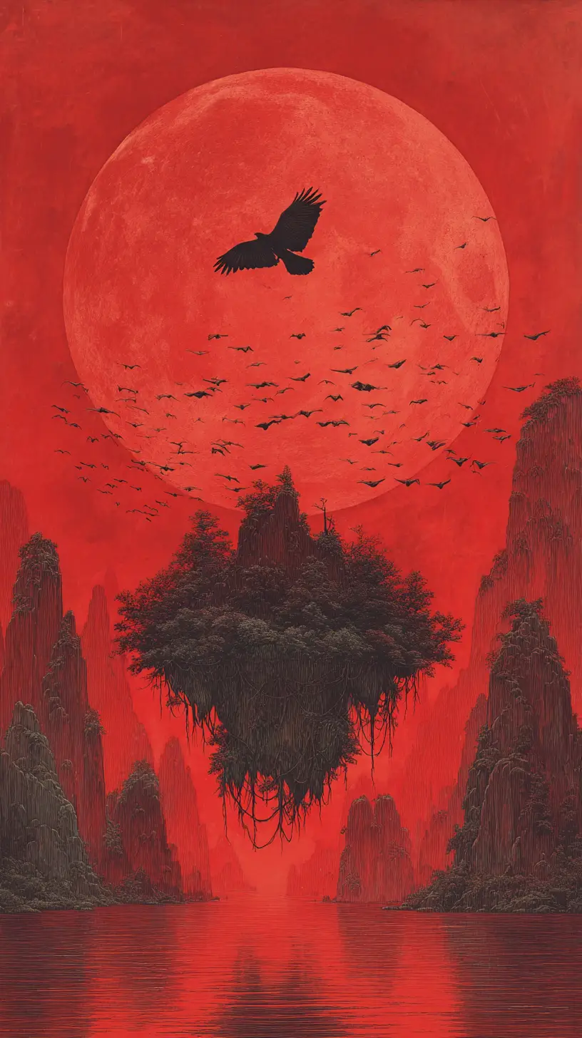 Surreal red moon over floating island and dark birds