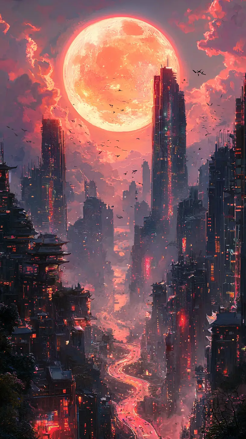 Città distopica futuristica con grattacieli al neon e sole