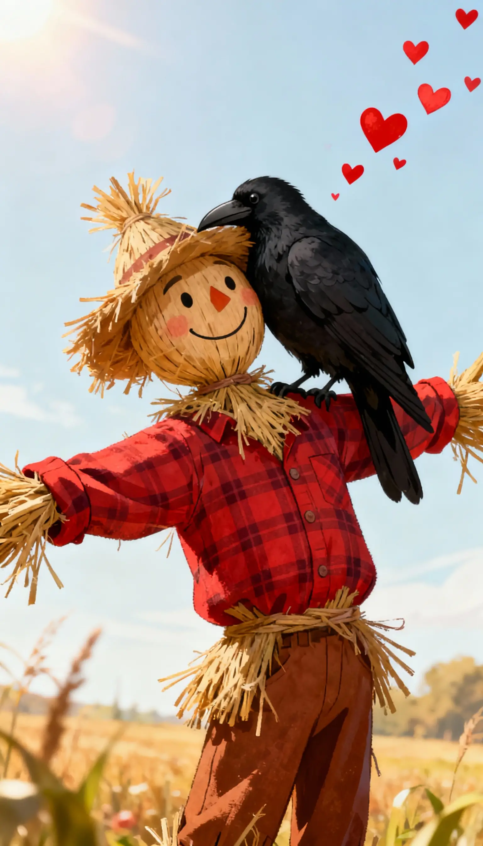 Happy scarecrow with loving black bird in sunshine
