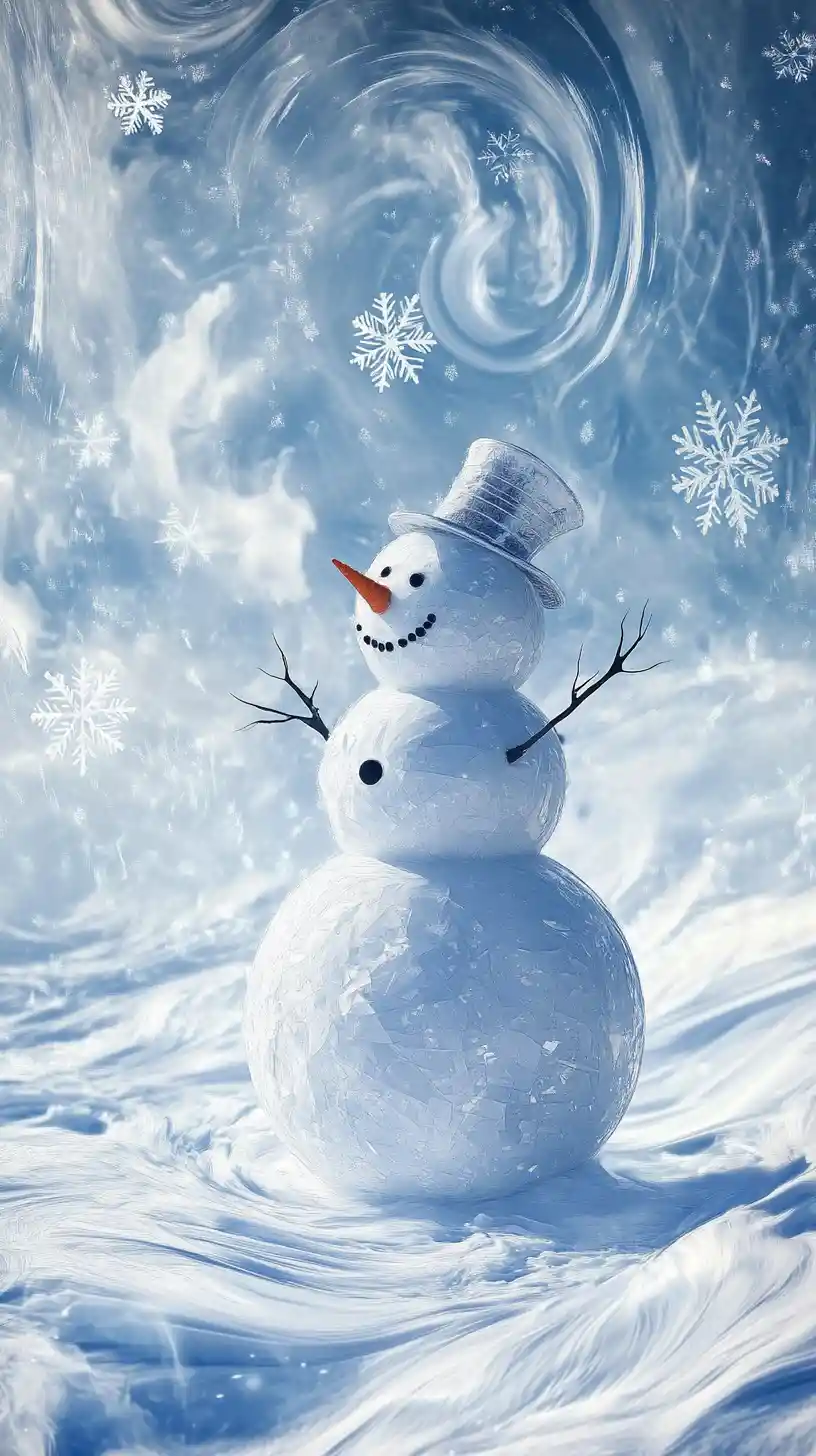 Cubist snowman in a swirling winter wonderland scene