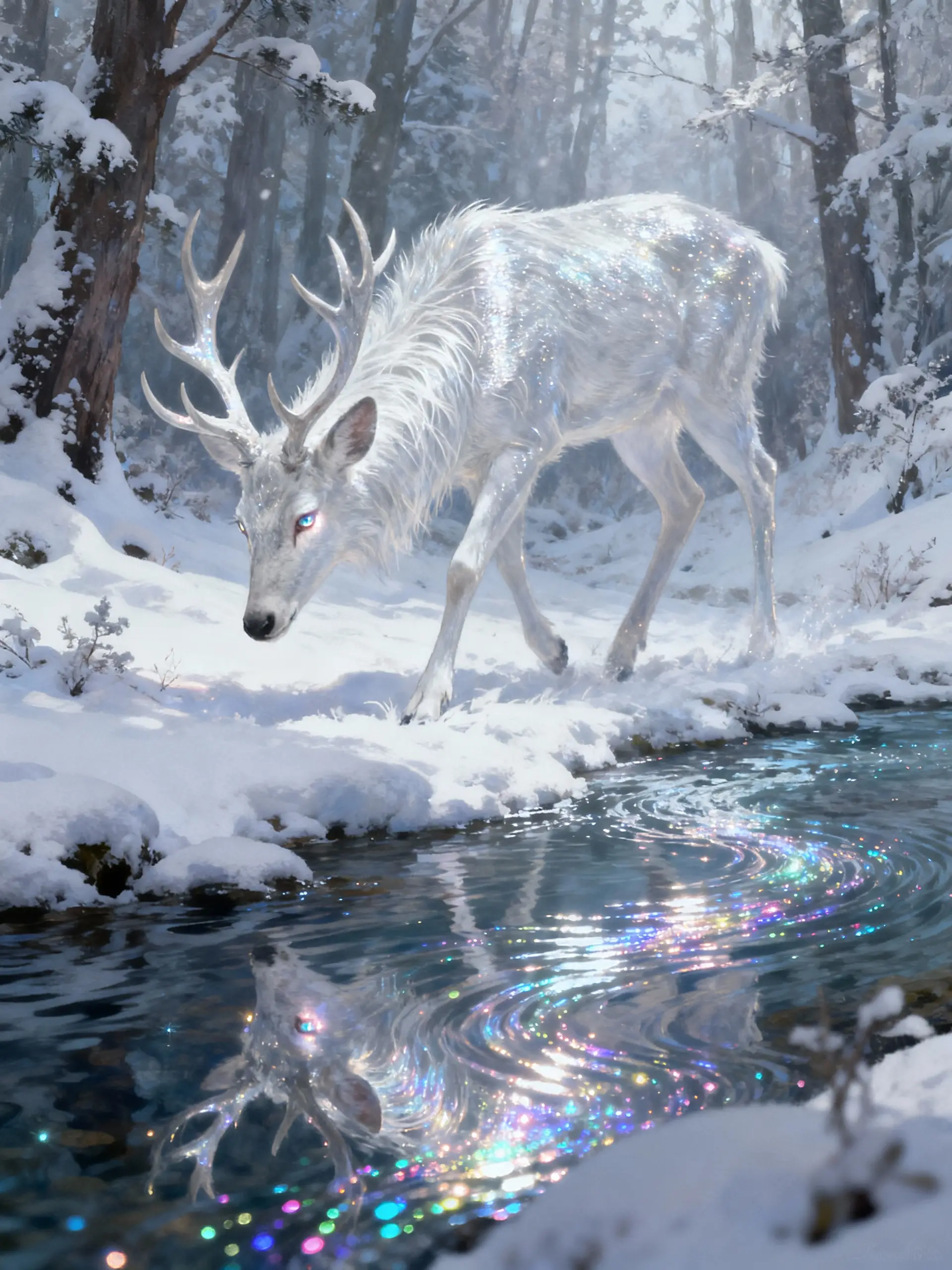 Silvery deer by a winter river in snowy forest