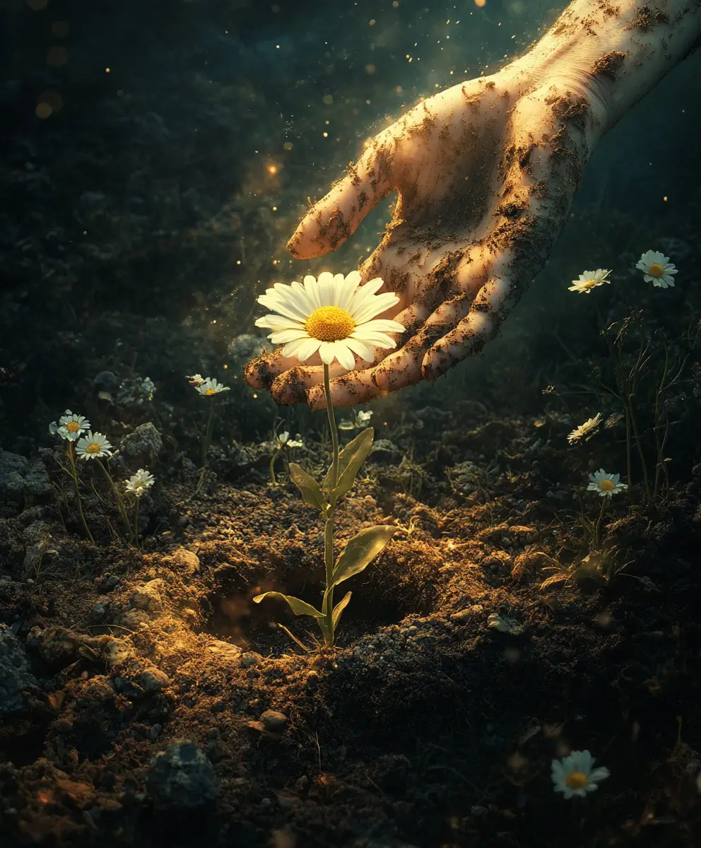 Heavenly hand planting a single daisy in surreal garden