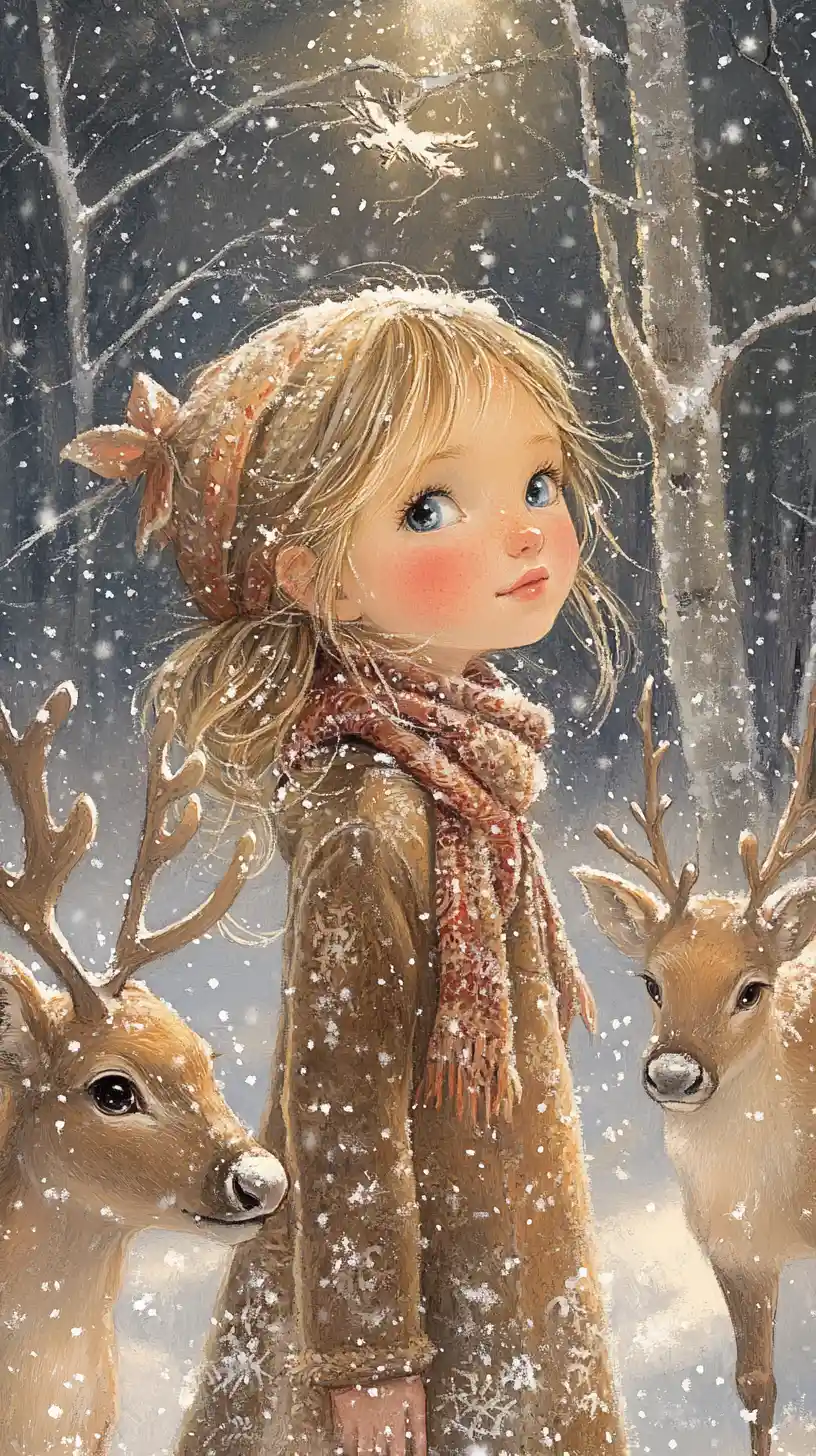 Mädchen mit Rentier in einer verspielten verschneiten Winterlandschaft