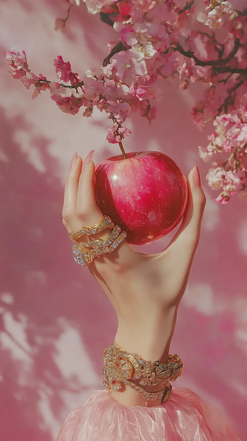 Elegant jeweled hand holding a red candy apple