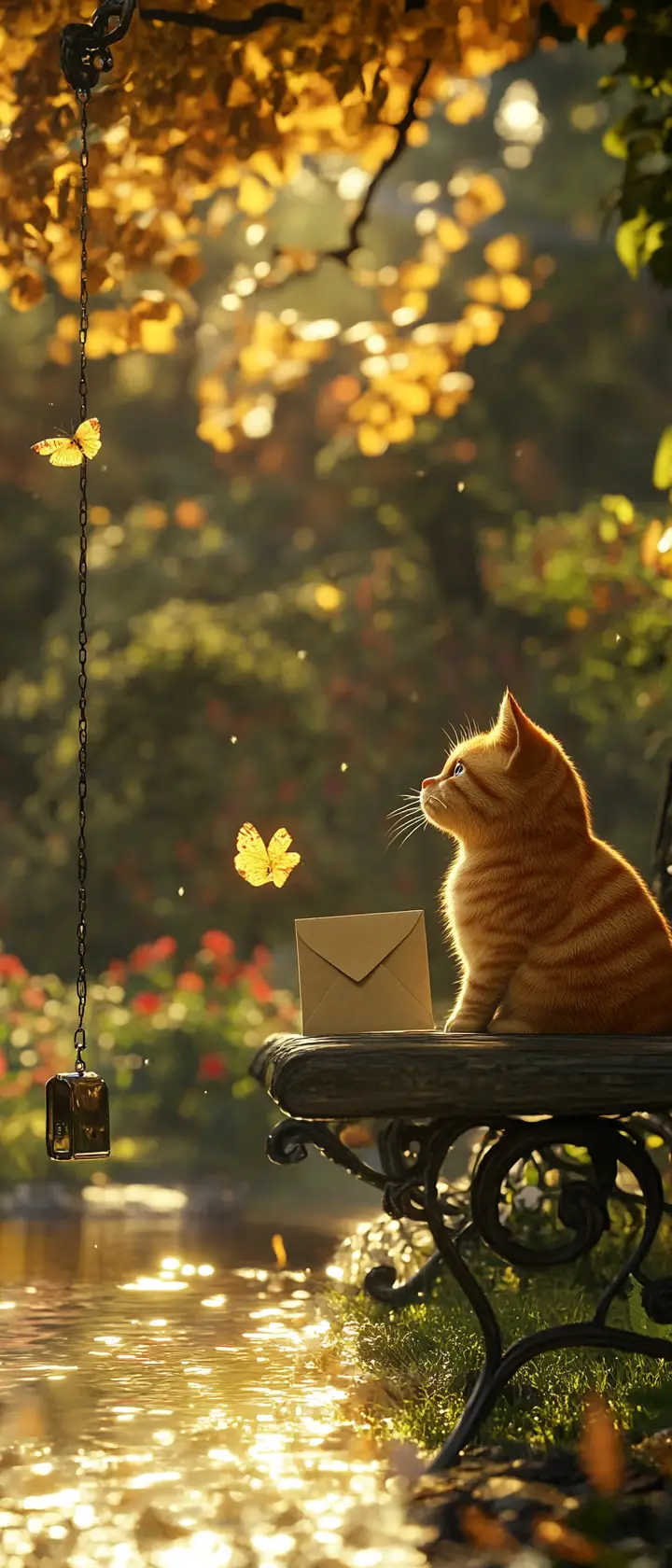 Chubby orange cat calmly fishing by a peaceful riverside
