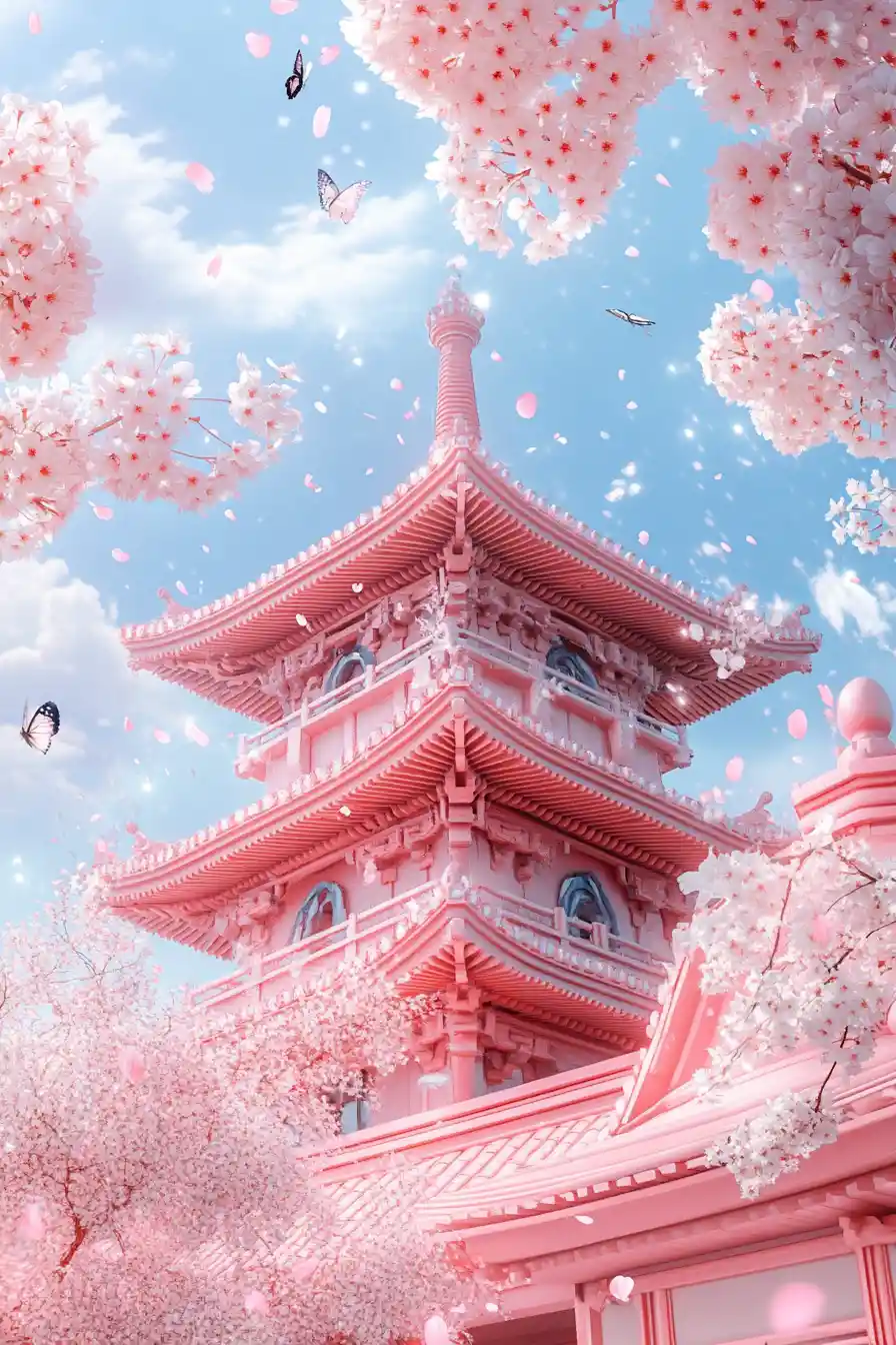 Träumerische Pastell-Pagodenstadt mit schwebenden Sakura-Blütenblättern