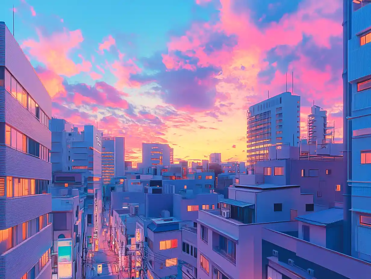 Dreamy Japanese cityscape with pastel anime skyline
