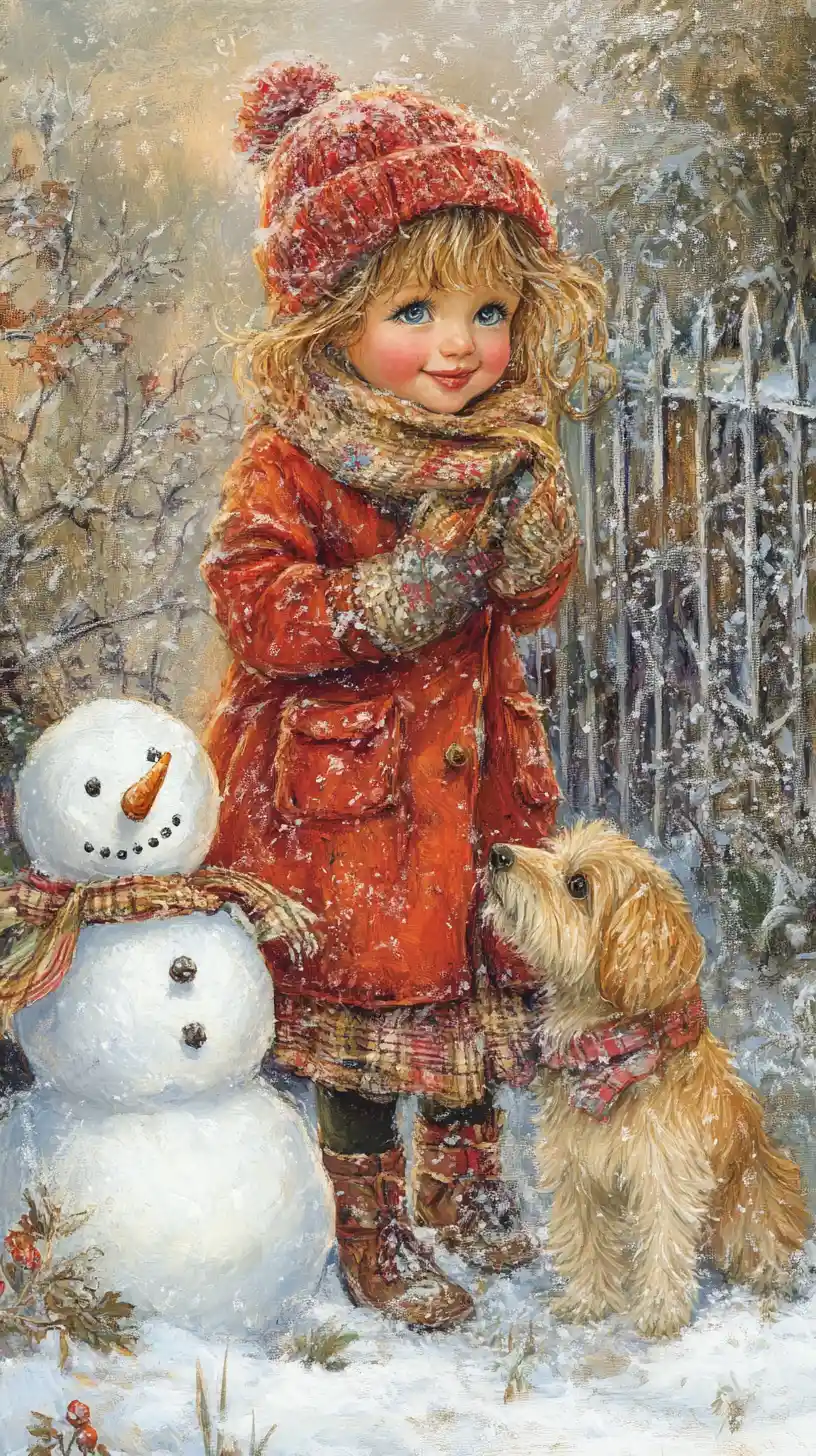 Girl building a snowman in a glowing winter garden