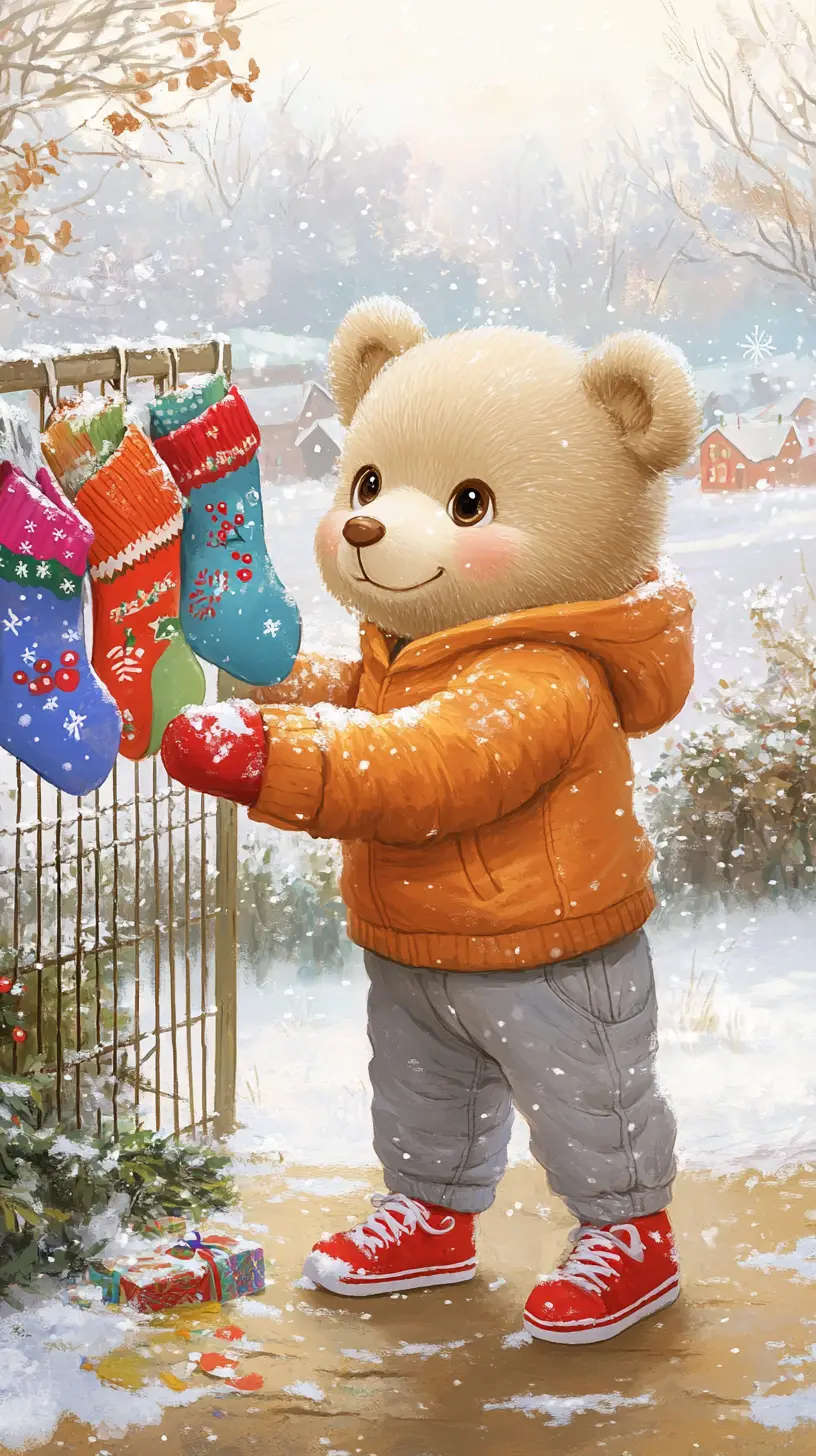Cheerful teddy bear in a snowy Christmas village scene
