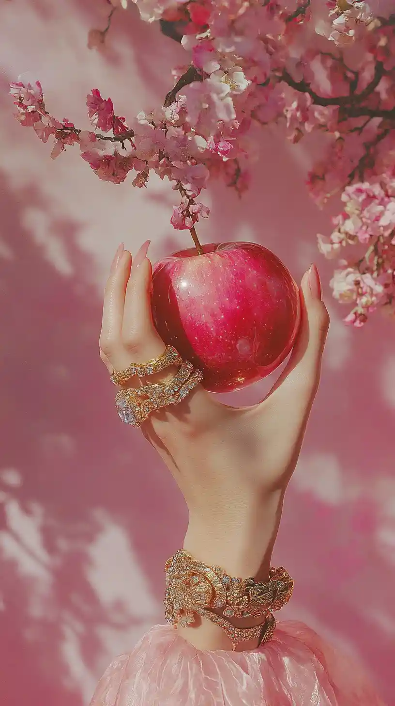 Elegant jeweled hand holding a red candy apple