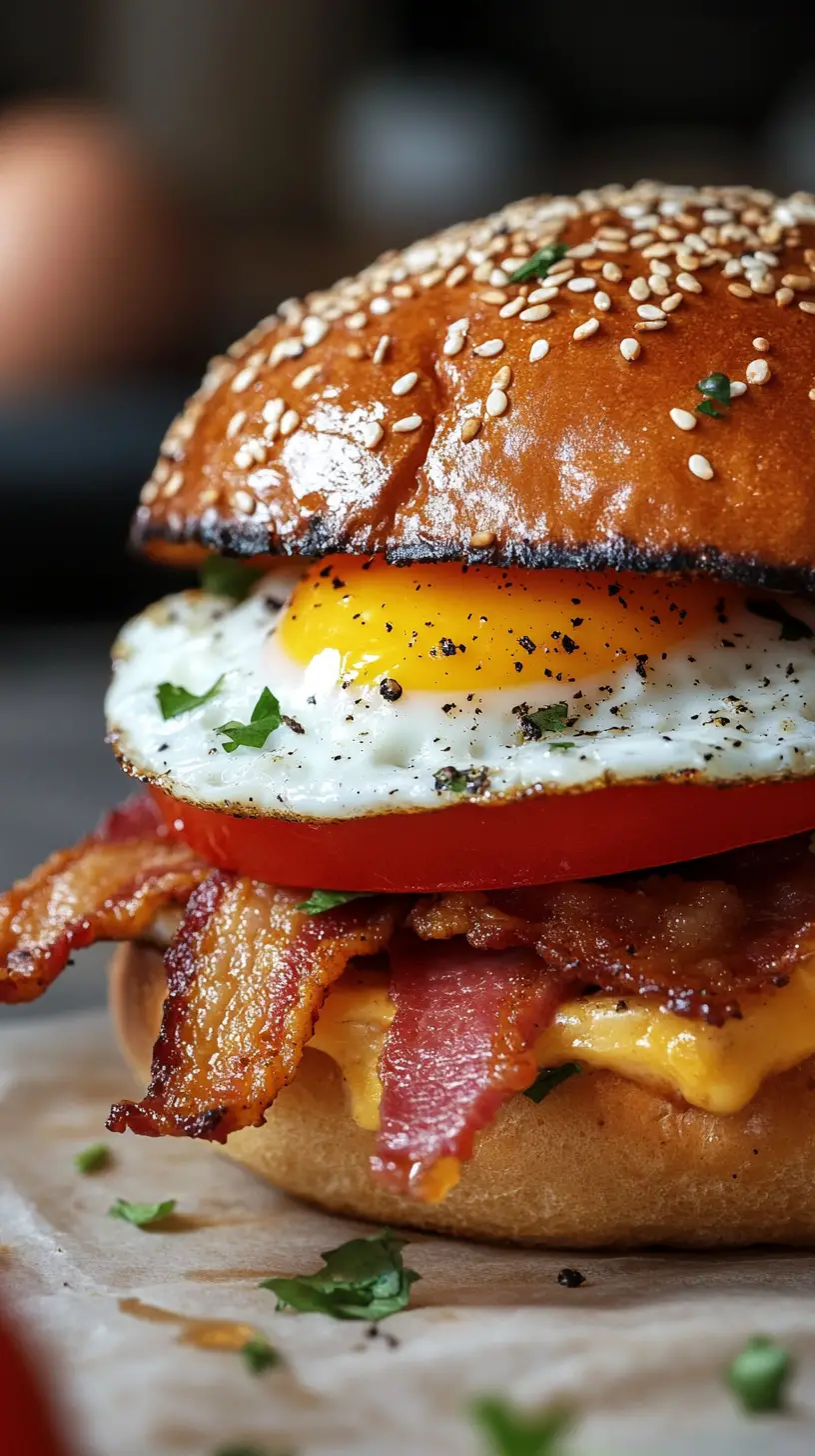 Close up breakfast sandwich with egg bacon and tomato