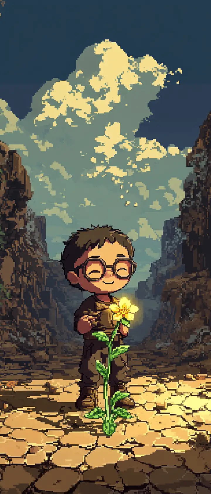 Pixel child watering a glowing flower in desert