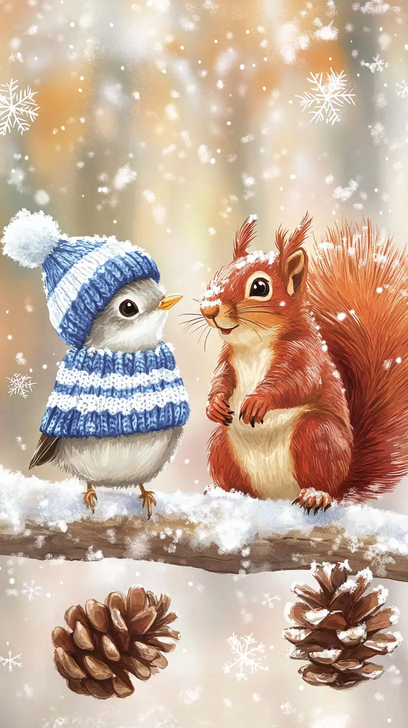 Watercolor robin and squirrel on a snowy forest branch