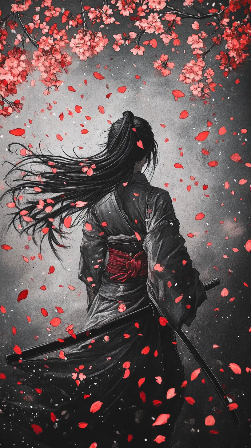 Ukiyo e ink painting of a stoic samurai woman
