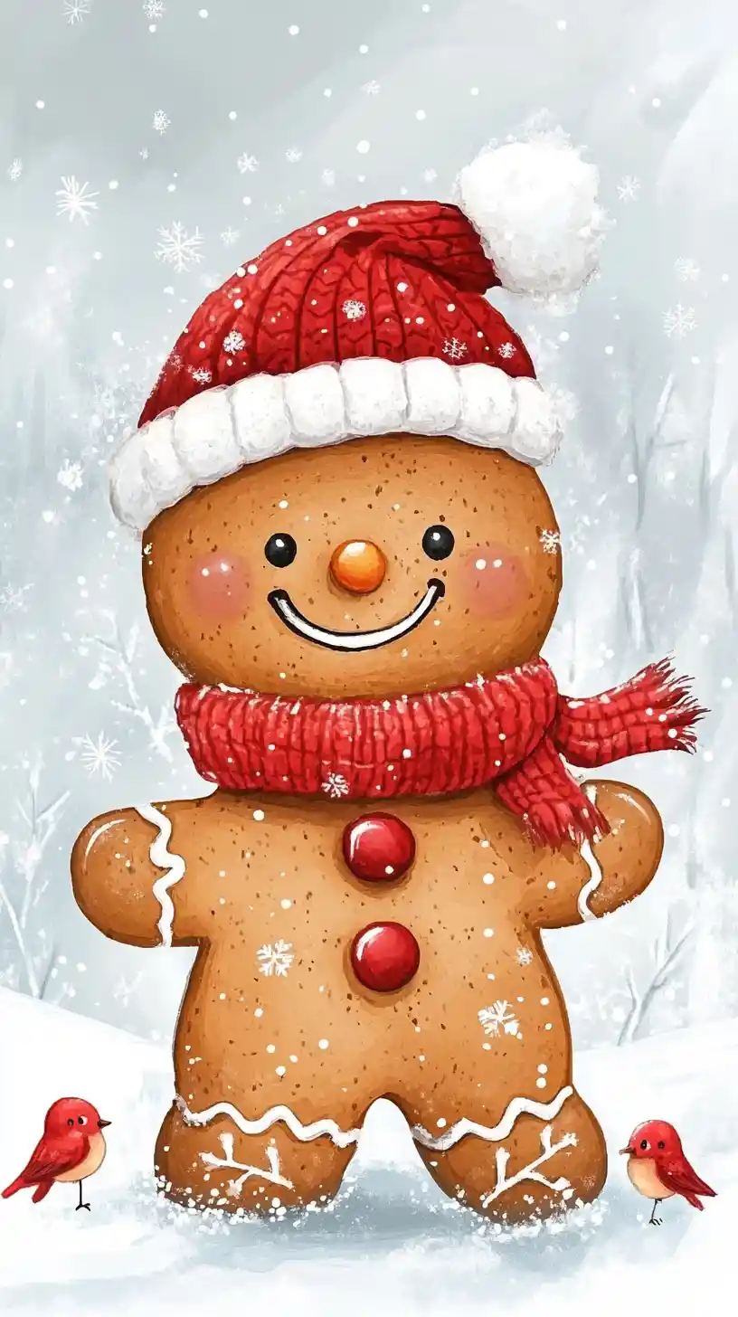 Cute gingerbread man in winter cartoon illustration