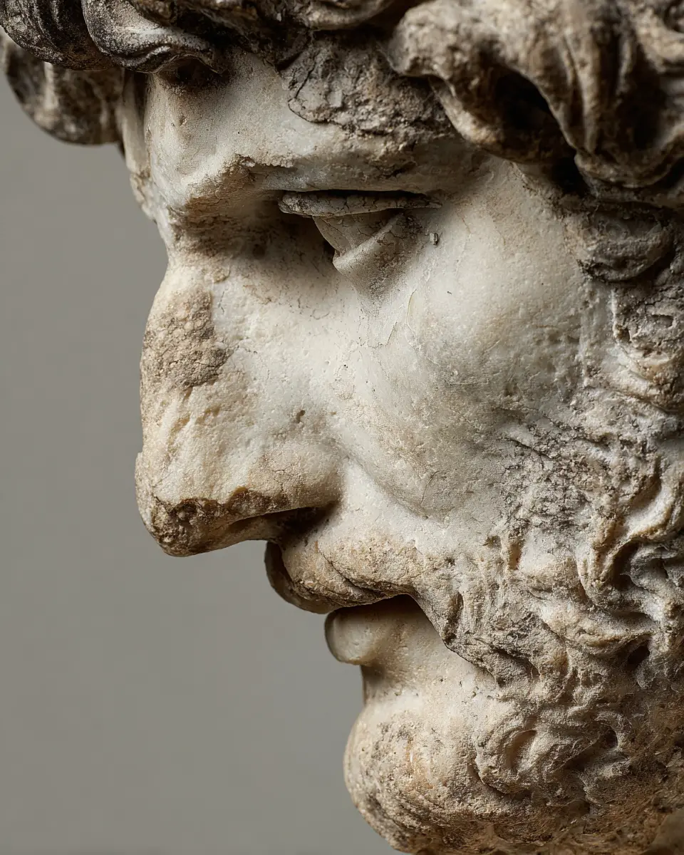 Close up of greek sculpture head of hadrian on gray background