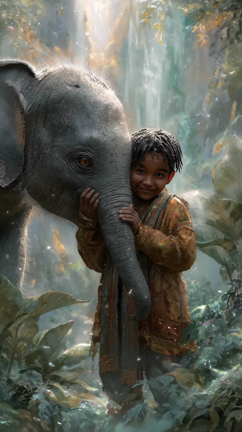 Young Indian boy with baby elephant in jungle
