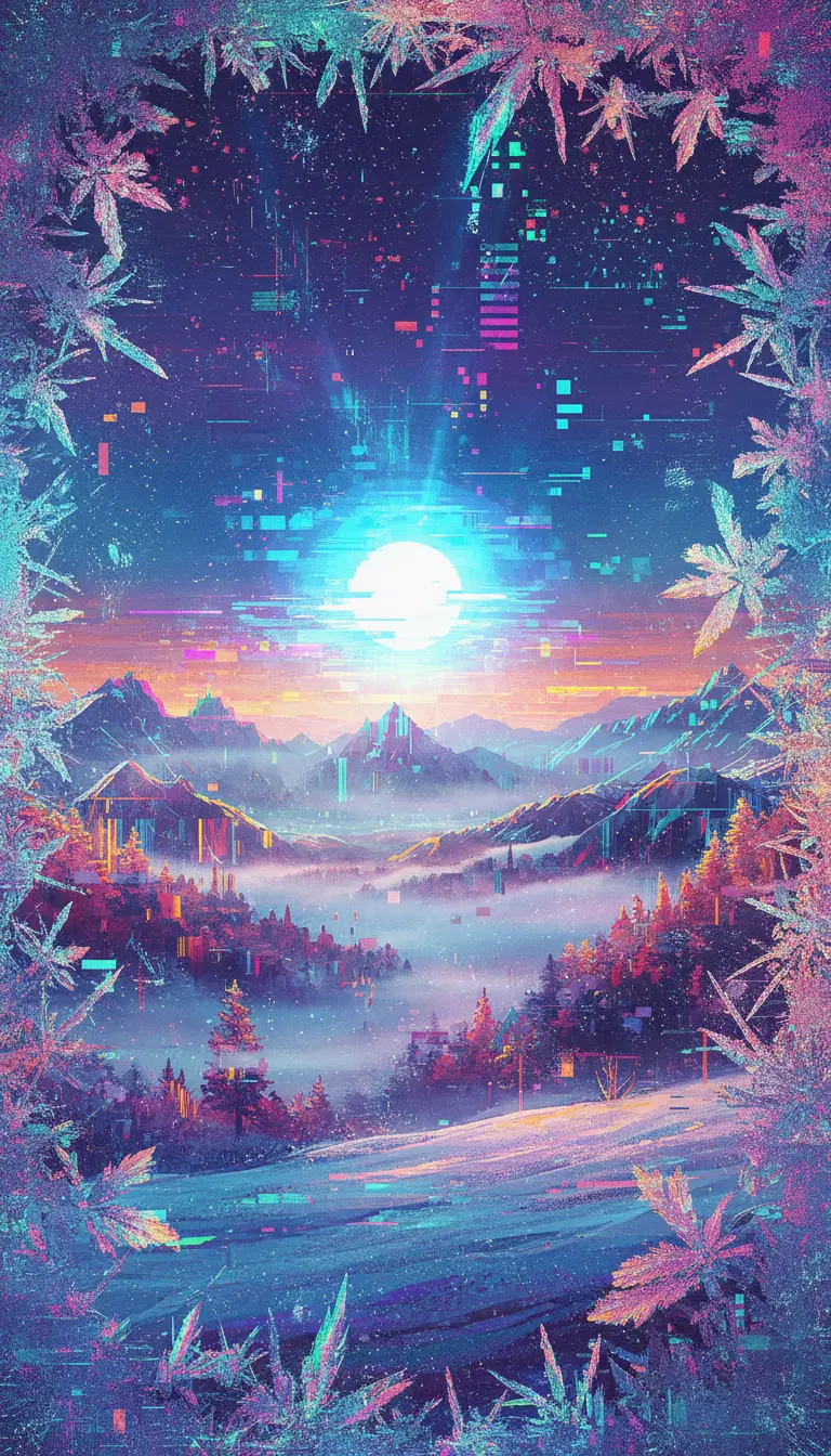 Serene Frosty Window View Of Blue Sunlit Fantasy Landscape