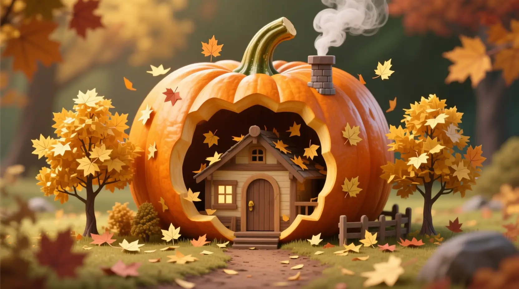 Cozy Cabin Inside A Giant Pumpkin In Autumn Forest