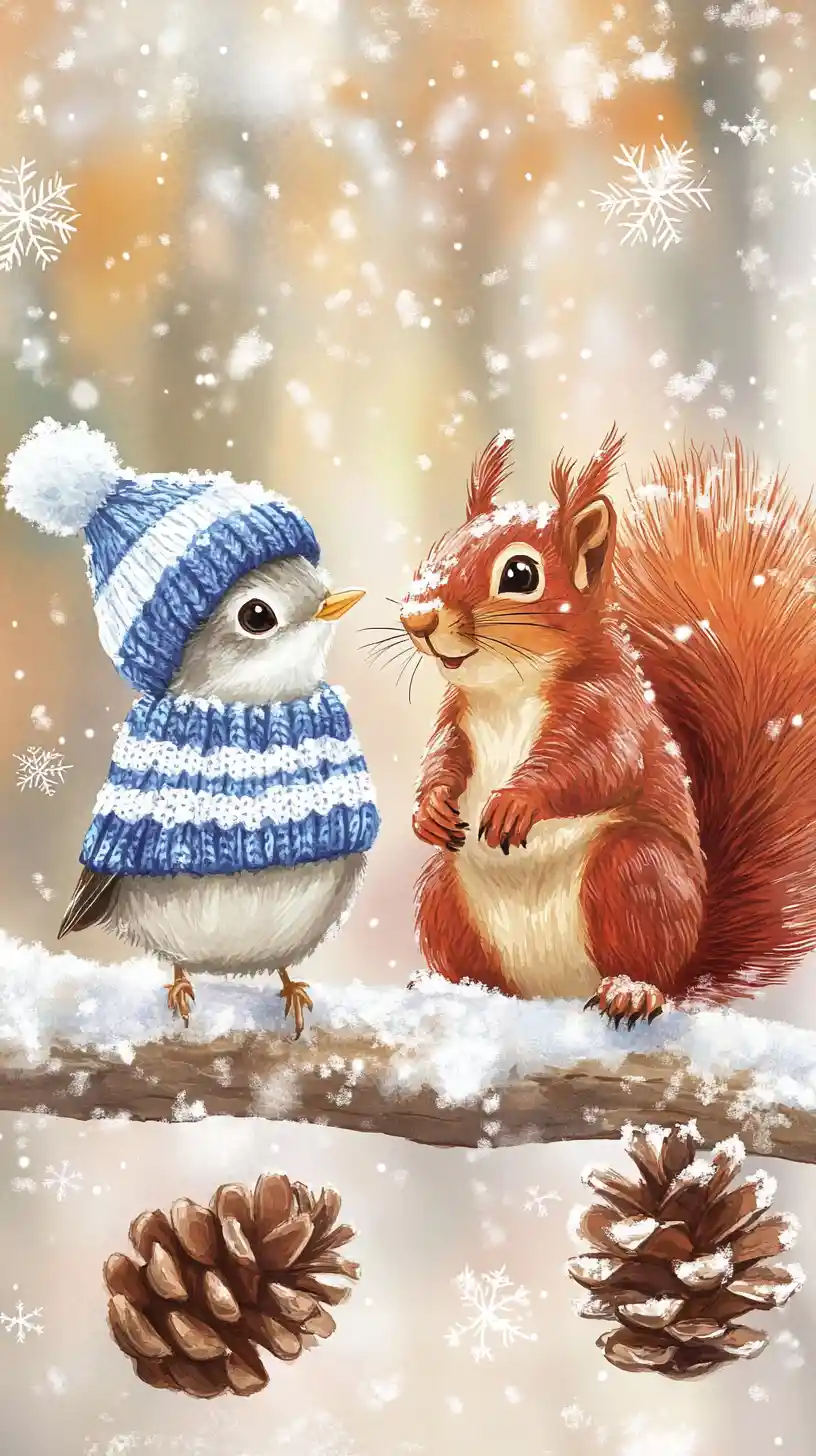 Watercolor robin and squirrel on a snowy forest branch