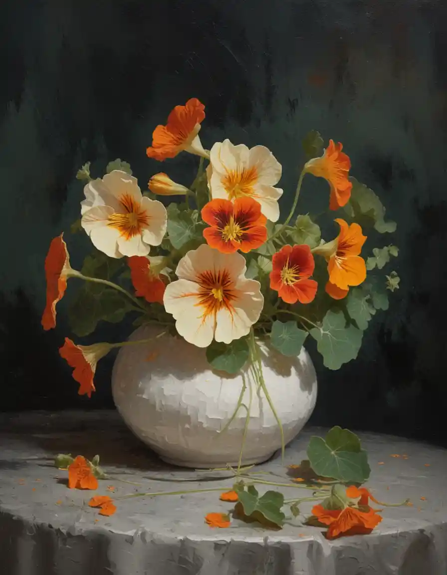 Still life bouquet of nasturtium flowers in white vase