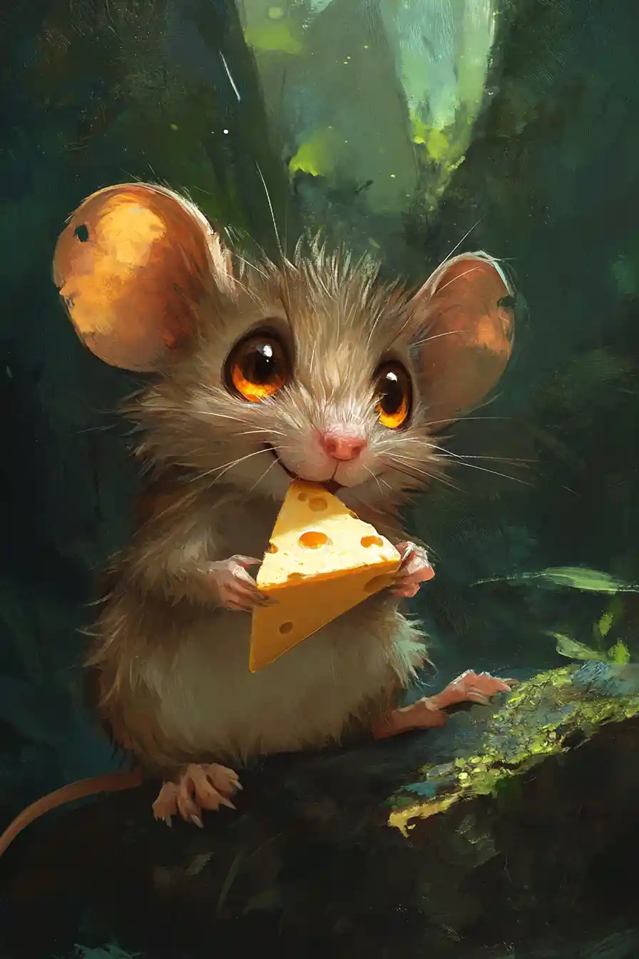 Cute fantasy mouse creature holding cheese in forest