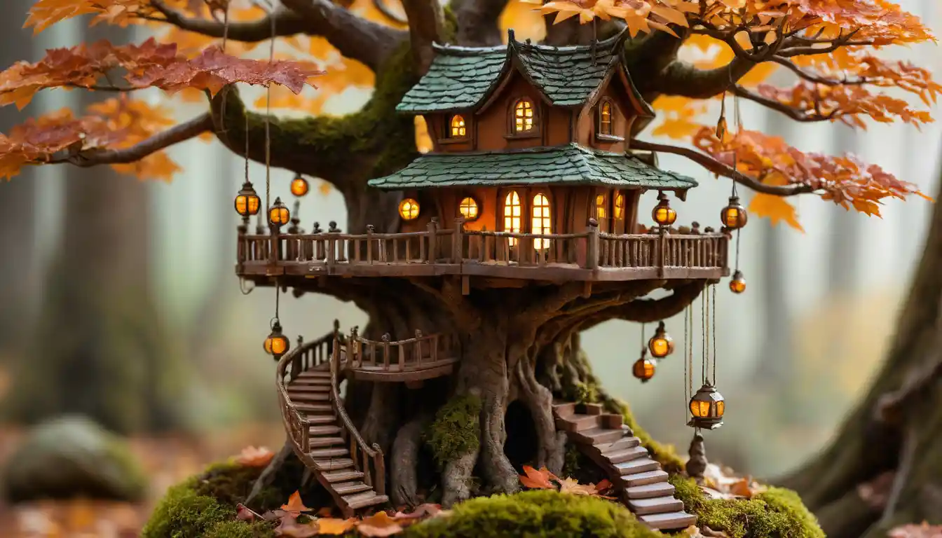 Cabane de Fée Miniature dans les Branches d’Érable Bonsaï en Automne