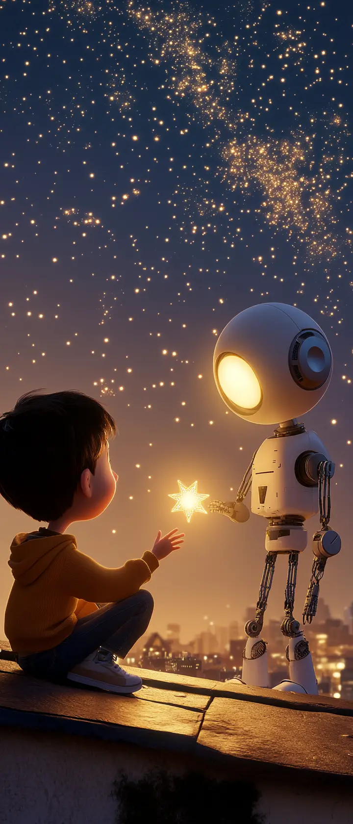 Boy And Robot Sharing A Star On Rooftop Night