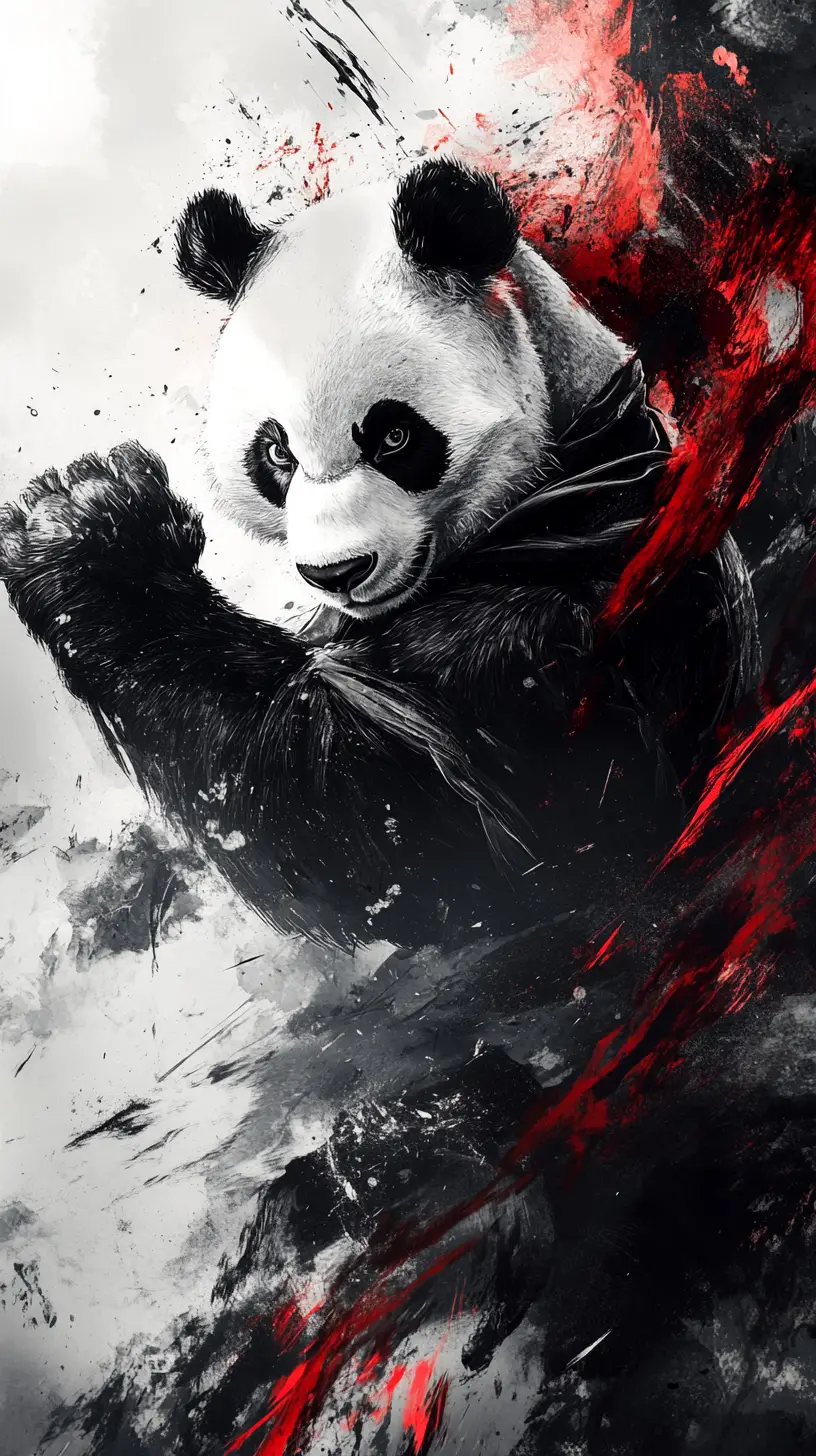 Warrior panda in dynamic sumi e ink splash action