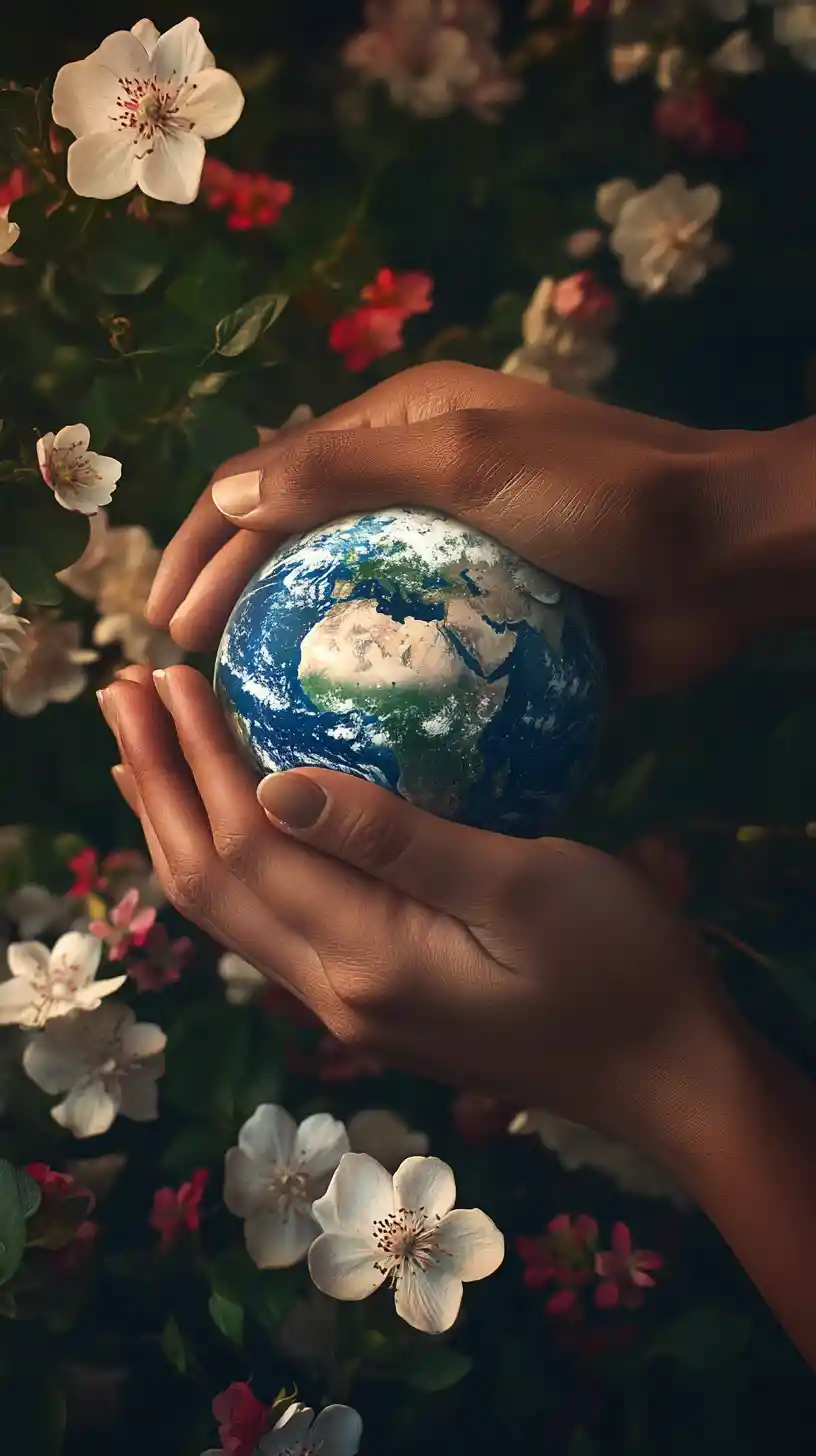 Hands lifting a small earth surrounded by flowers