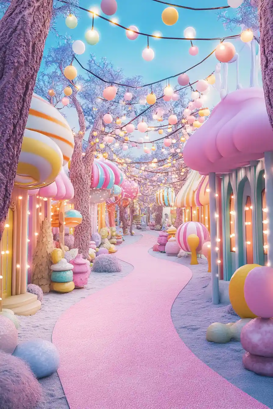 Whimsical candy colored fantasy path under hanging string lights