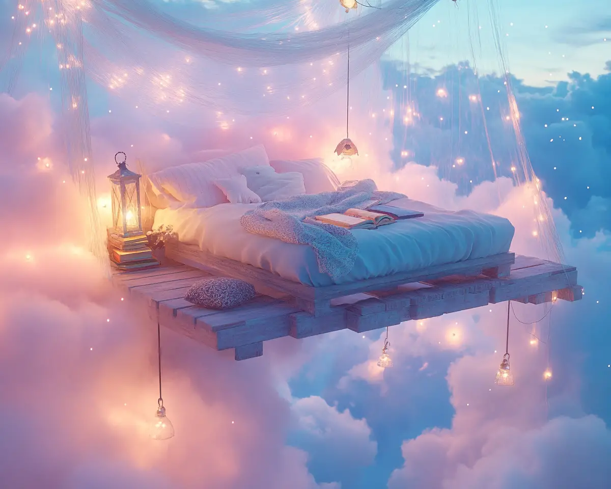 Cozy floating bed balcony in a dreamy pastel sky