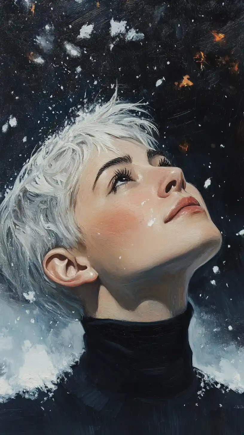 Serene silver haired woman in falling snow portrait