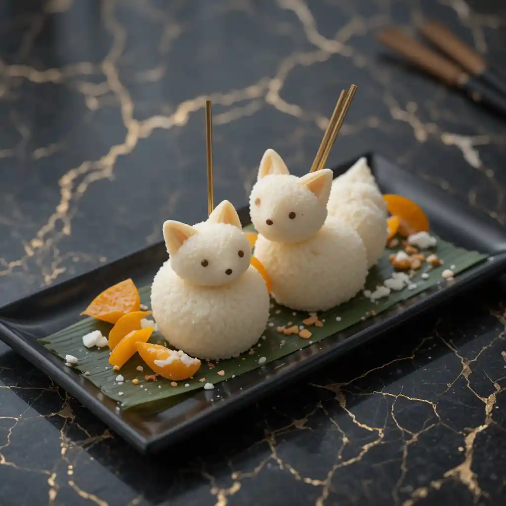 Close up dessert of fox shaped mochi on marble plate