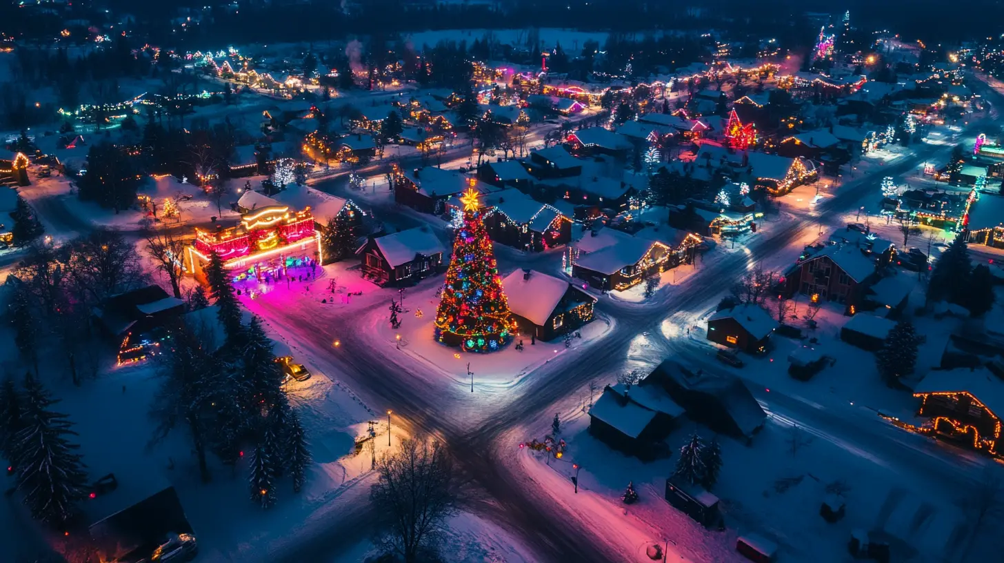 Snow covered cityscape with christmas lights and tall tower