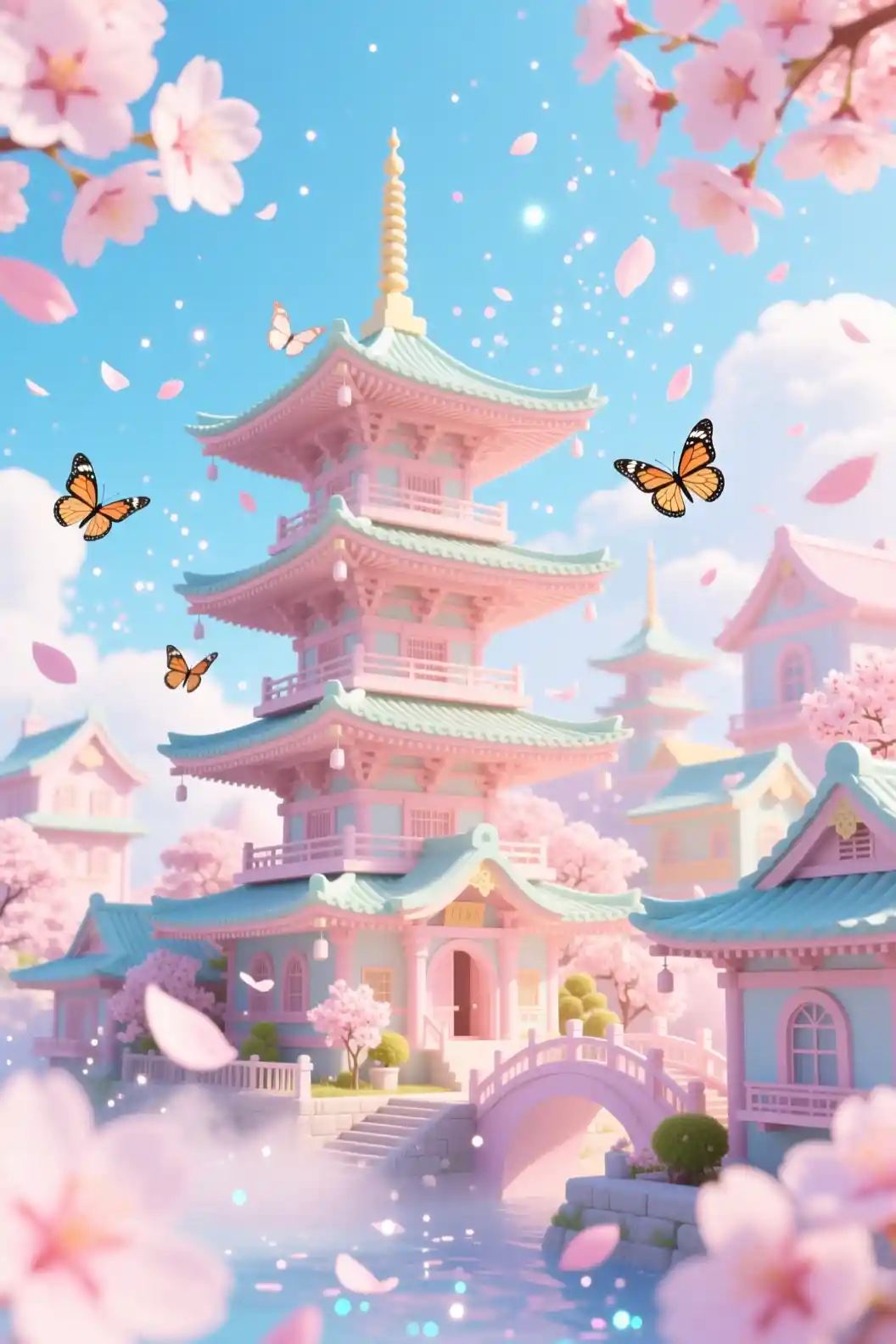 Dreamy Fantasy Pagoda Town In Pastel Candy Colors
