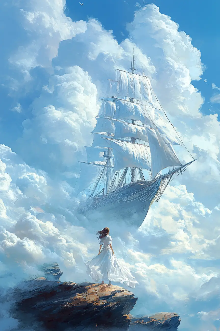 Woman Watching A Vast Sailing Ship In The Clouds