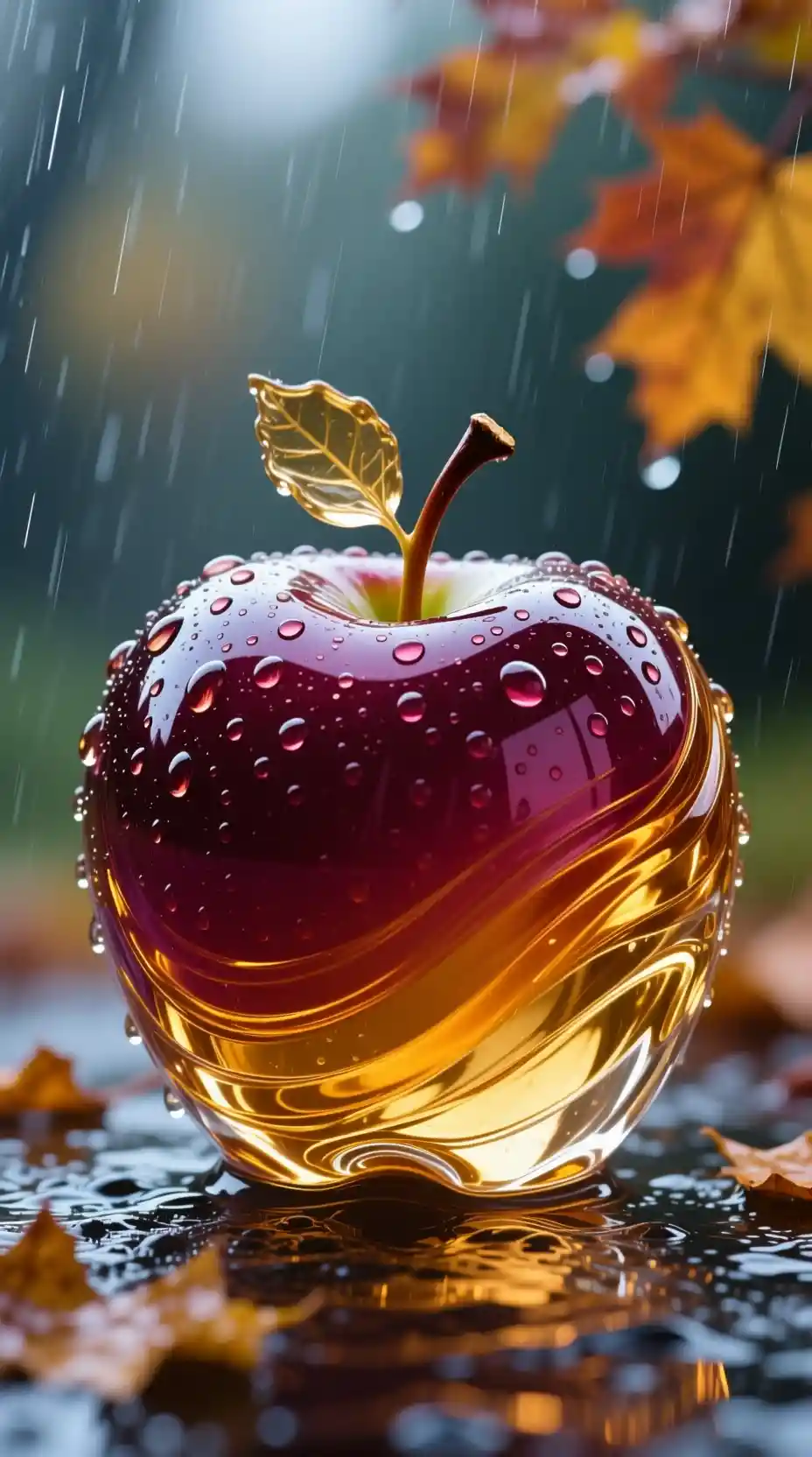Pomme en verre sous une pluie d’automne scintillante aux couleurs chaudes