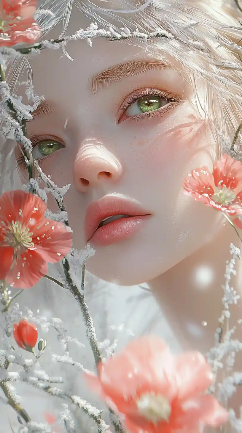 Ethereal Woman Portrait With Frosty Branches And Poppies