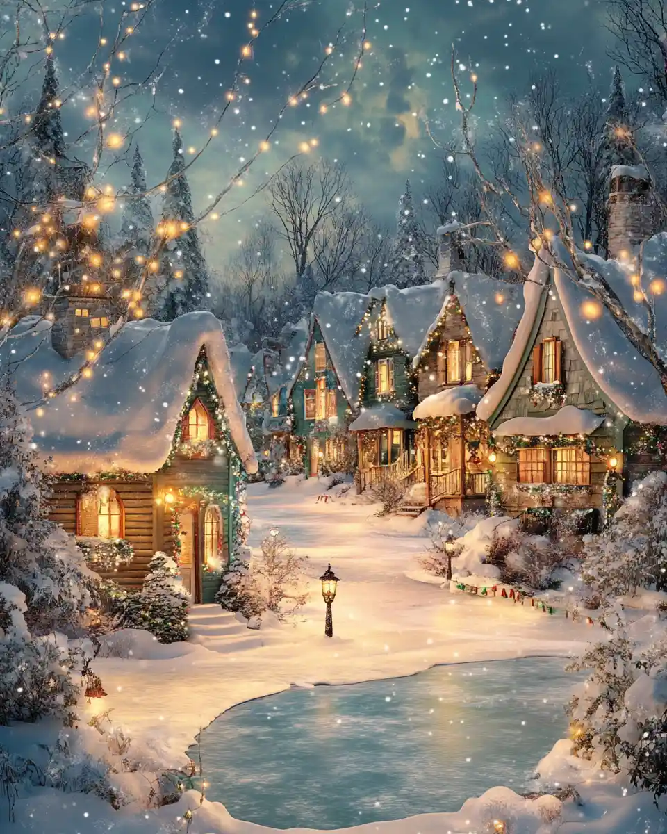Festive winter village with cottages and ice skating rink