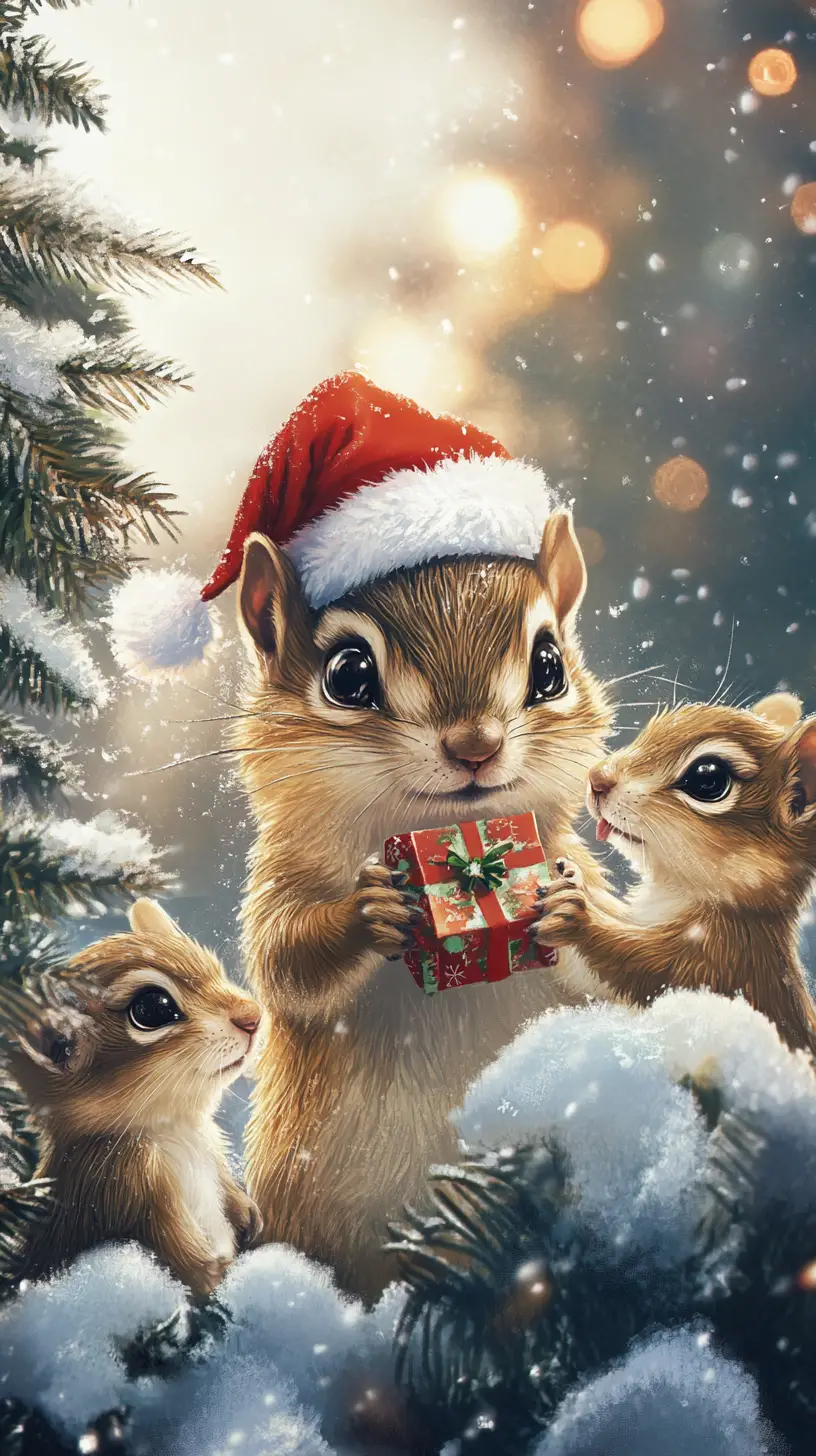 Cute chipmunk with santa hat bringing forest christmas gift