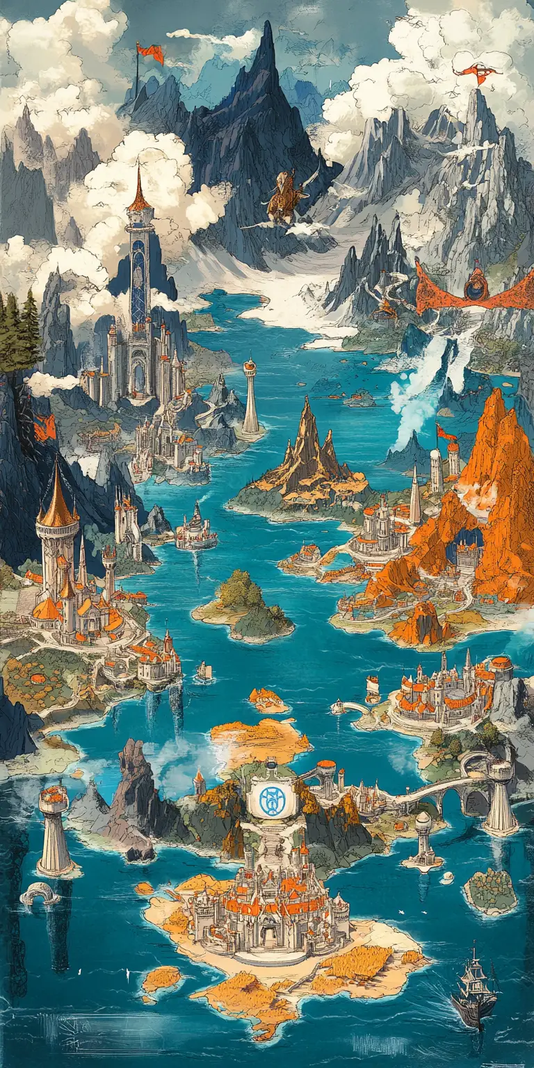 Fantasy map of seven kingdoms with cities and rivers