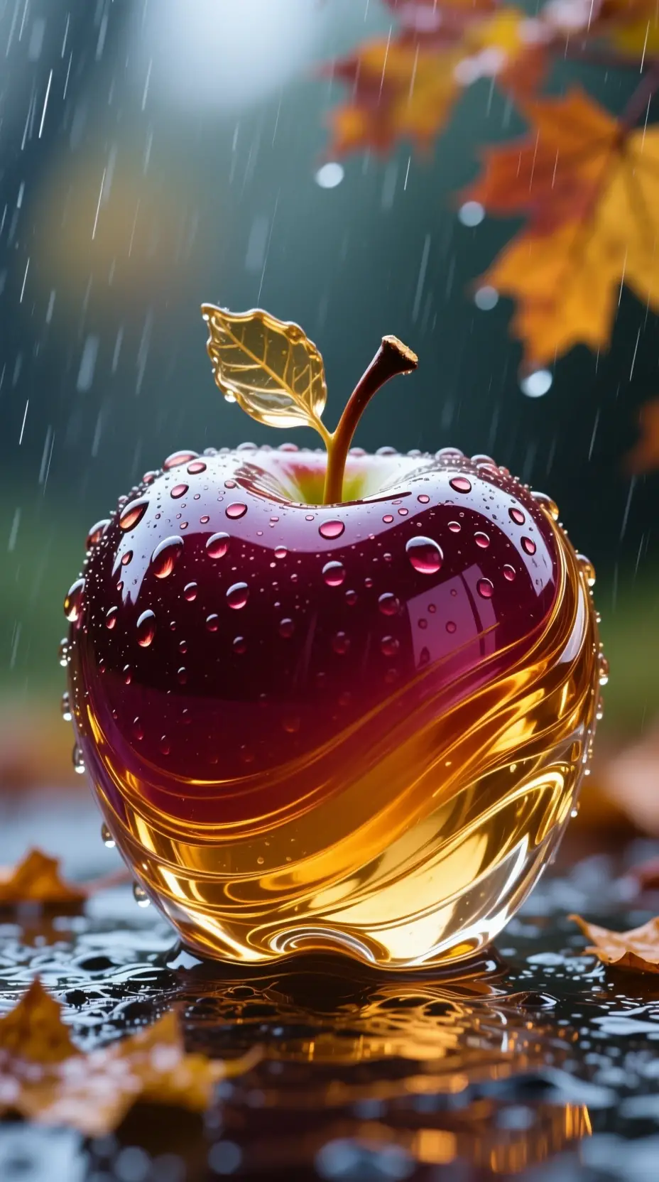 Glass apple in glistening autumn rain with warm colors