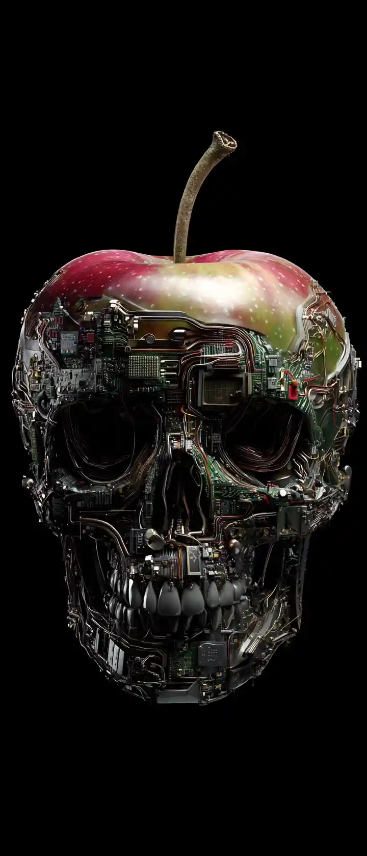 Cyberpunk apple skull blending flesh and technology