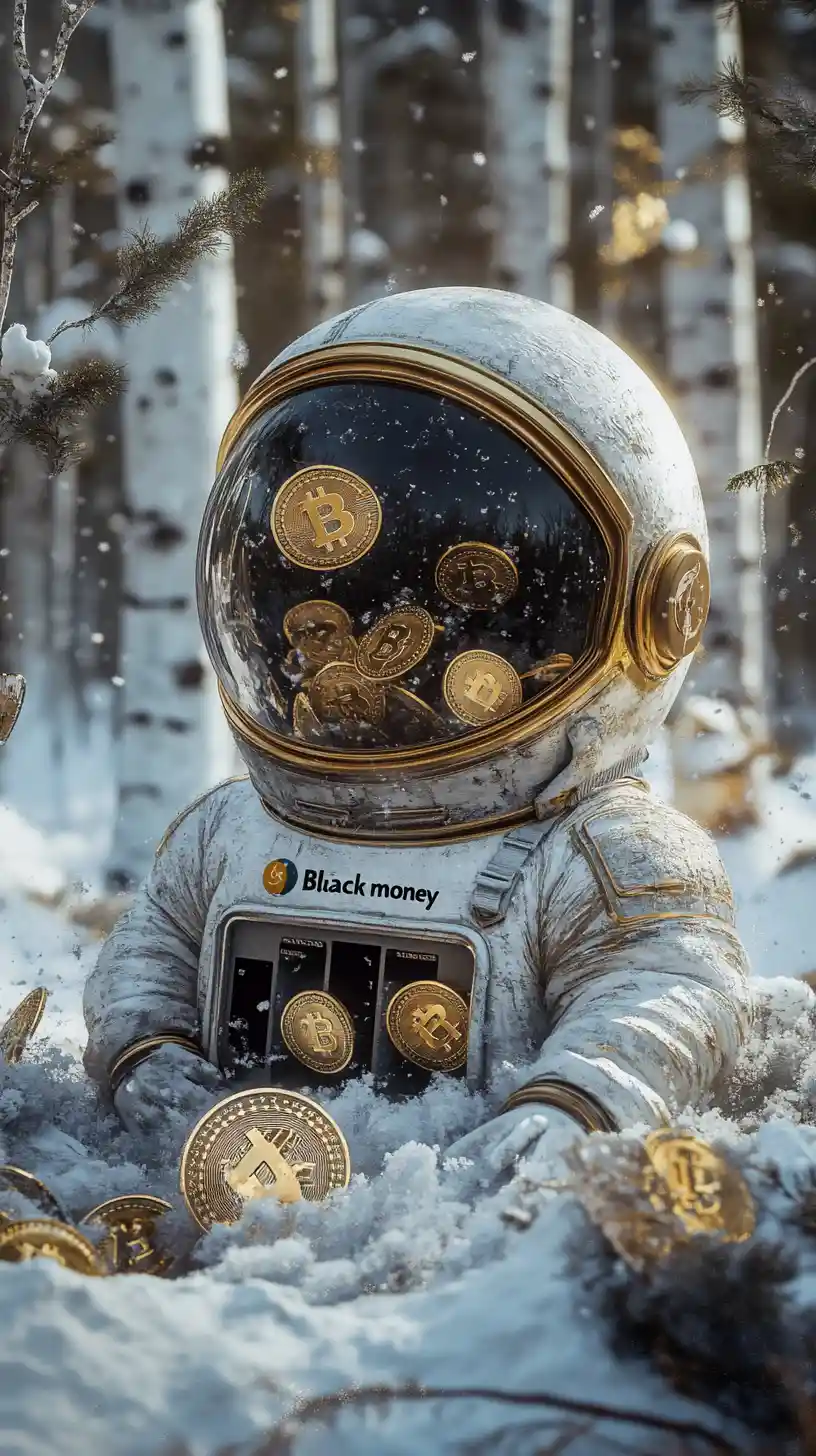 Astronaut egg piggy bank with coins in snowy birch forest