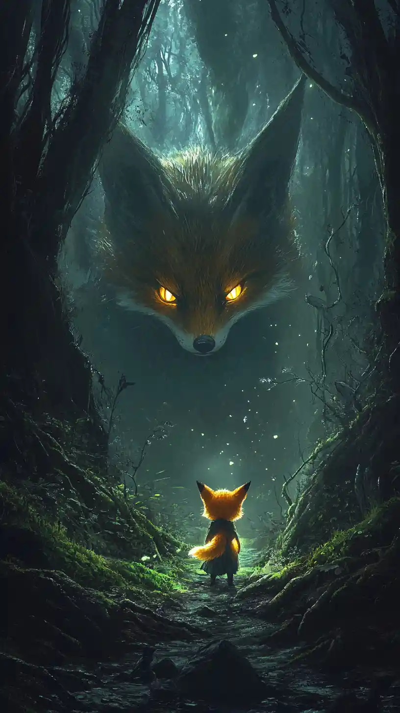 Tiny glowing fox spirit on a misty forest path
