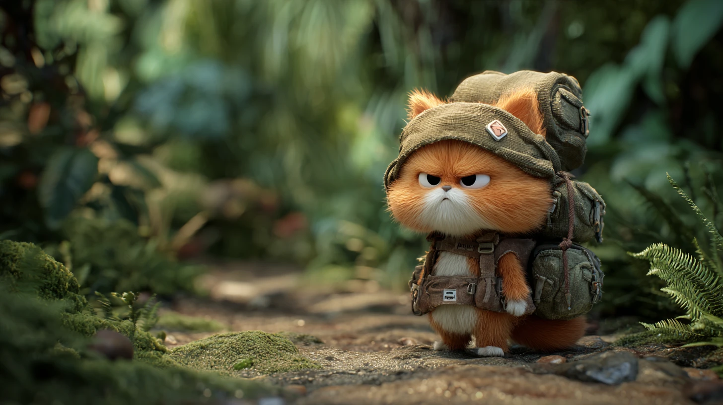 Pequeño gatito 3D naranja con una enorme mochila en el bosque