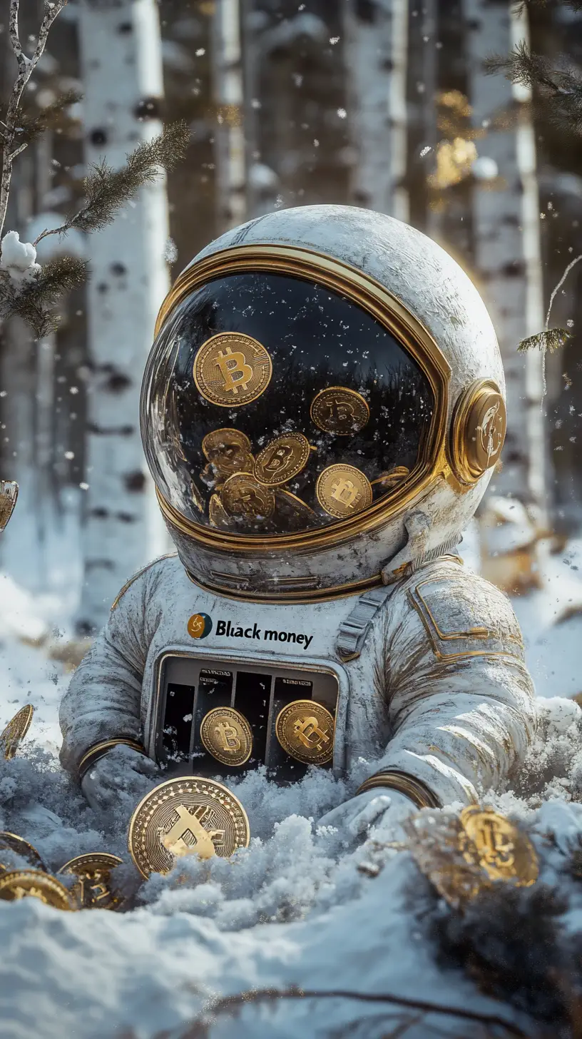 Astronaut egg piggy bank with coins in snowy birch forest