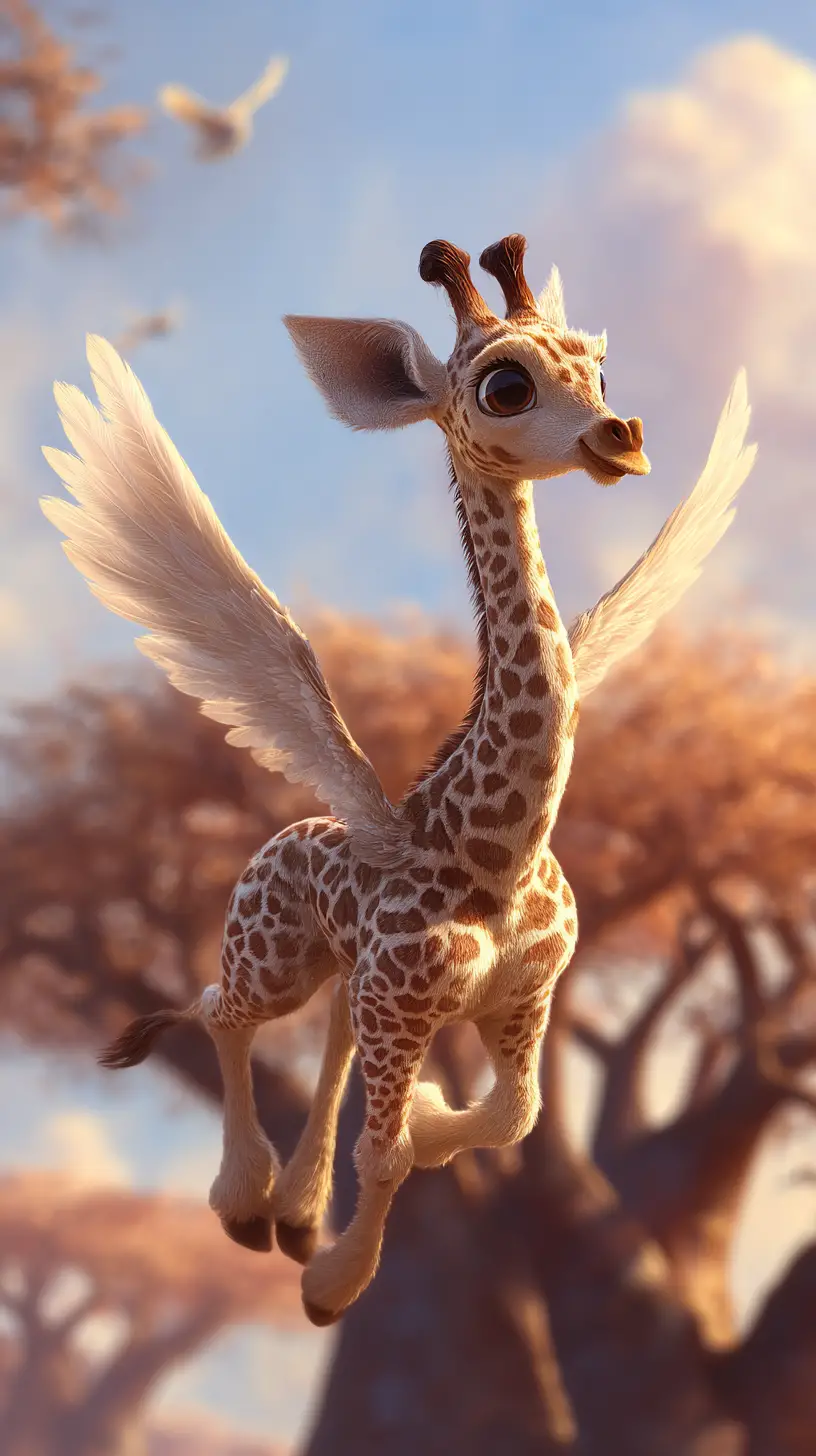 Cute winged giraffe flying above a tall tree